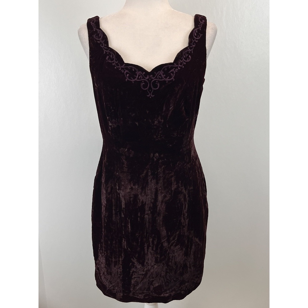 Vtg Phoebe Crushed Velvet Sleeveless Dress Sz 10 Whimsigoth Embroidered Wine 90s